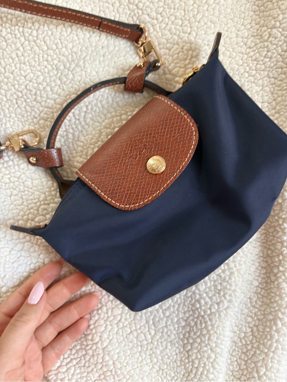 Longchamp navy nylon crossbody with brown leather trim